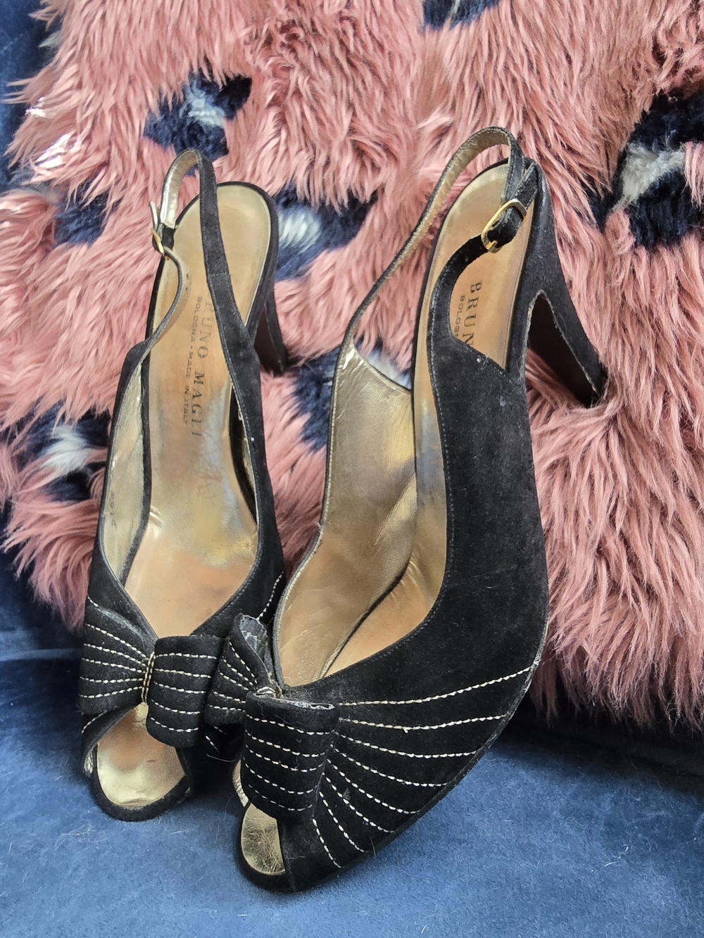 Bruno Magli Vintage Black Suede Peep-Toe Slingback Heels with Bow